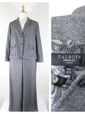 Talbots Plus Size Solid Gray Tweed Pant Suit Size 16W Formal Business Career